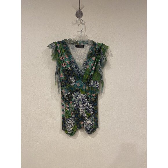 Morgan de Toi Top Womens Small Green Blue Floral Ruched Mesh V Neck Ruffles - Picture 1 of 4
